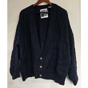 Vintage Trader Bay Cardigan Mens L Blue Linen Blend V-Neck Grandpa Preppy